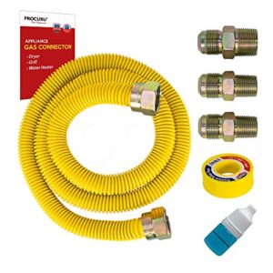 procuru 1/2″ od x 72″ long weatherproof stainless steel gas flex connector kit with yellow safeguard coating for dryer, water heater, bbq grill