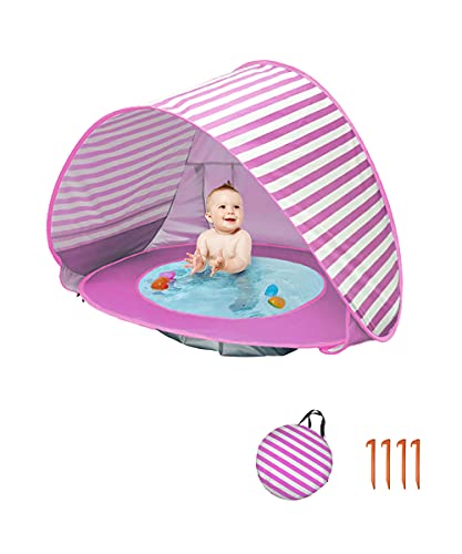 Bycc Bynn Baby Beach Tent, Pop Up Portable Beach Canopy, UV Protection Sun Shelter with Pool for Infant (Stripe-Pink)