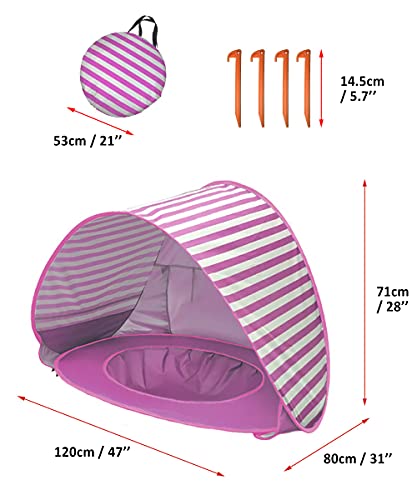 Bycc Bynn Baby Beach Tent, Pop Up Portable Beach Canopy, UV Protection Sun Shelter with Pool for Infant (Stripe-Pink)