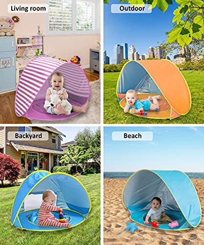 Bycc Bynn Baby Beach Tent, Pop Up Portable Beach Canopy, UV Protection Sun Shelter with Pool for Infant (Stripe-Pink)