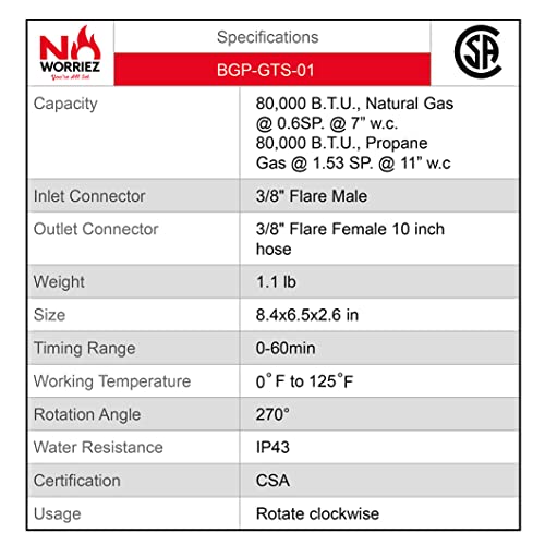 NO WORRIEZ 80,000 BTU Safety Automatic Outdoor BBQ Shut Off Mechanical Structure Gas Timer for Propane Grill and Natural Gas Grill(with 3/8'' flared assembly connector and hose, patent pending)