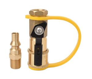 flame king 1/4″ rv propane quick connect adapter for propane hose, propane or natural gas 1/4″ quick connect or disconnect kit – shutoff valve & full flow plug – 100% solid brass