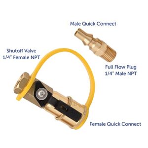 Flame King 1/4" RV Propane Quick Connect Adapter for Propane Hose, Propane or Natural Gas 1/4" Quick Connect or Disconnect Kit - Shutoff Valve & Full Flow Plug - 100% Solid Brass