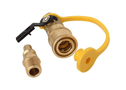 Flame King 1/4" RV Propane Quick Connect Adapter for Propane Hose, Propane or Natural Gas 1/4" Quick Connect or Disconnect Kit - Shutoff Valve & Full Flow Plug - 100% Solid Brass