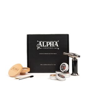 alpha cocktails – cocktail smoker kit with torch – great for smoking whiskey and bourbon drinks – 4 flavors of smoking wood chips with butane torch – homemade smoked cocktails – [butane not included]