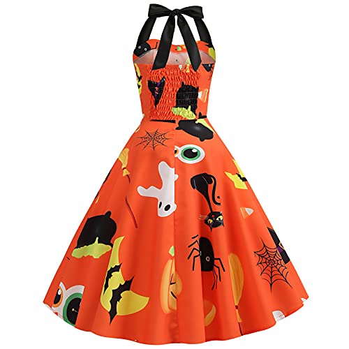 Women's Vintage Print Halter Halloween Sleeveless Evening Party Swing Cocktail Dress Yellow