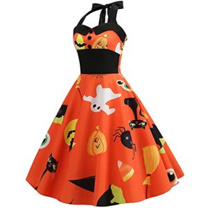 Women's Vintage Print Halter Halloween Sleeveless Evening Party Swing Cocktail Dress Yellow