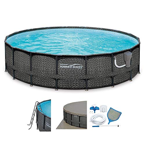 Summer Waves Elite P4A01848B 18ft x 48in Above Ground Frame Outdoor Swimming Pool Set w/Pump, Pool Cover, Ladder, Ground Cloth, & Maintenance Kit