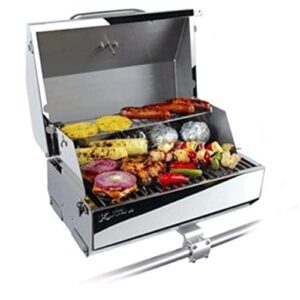 kuuma premium stainless steel mountable gas grill w/ regulator by camco -compact portable size perfect for boats, tailgating and more – stow n go 216″ (58155), silver