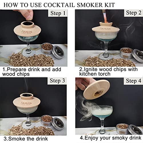 Cocktail Smoker Kit with Torch, Four Kinds of Wood Chips for Whiskey and Bourbon. Infuse Cocktails, Wine, Whiskey, Cheese, Salad and meats. For Your Friends, Husband, Dad.（No Butane）