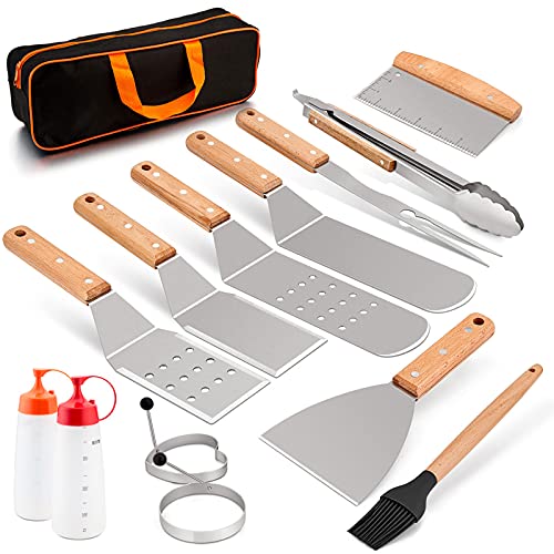 HaSteeL Griddle Accessories Kit 14 PCS, Metal Griddle Spatula Set with Carrying Bag, Stainless Steel Grill Spatulas/Scrapers/Tong/Meat Fork/Brush/Egg Rings/Bottles for Teppanyaki BBQ Flat Top Cooking