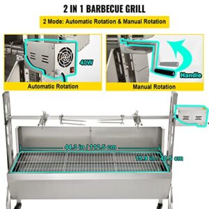 VEVOR Rotisserie Grill 132lbs Capacity, 50 Inch Stainless Steel Pig Lamb Spit Grill Roaster, with 40W Motor & Adjustable Height Lockable Casters & Baffle for Outdoor Camping Party Campfire Barbecue