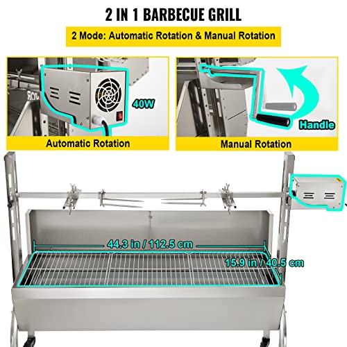 VEVOR Rotisserie Grill 132lbs Capacity, 50 Inch Stainless Steel Pig Lamb Spit Grill Roaster, with 40W Motor & Adjustable Height Lockable Casters & Baffle for Outdoor Camping Party Campfire Barbecue