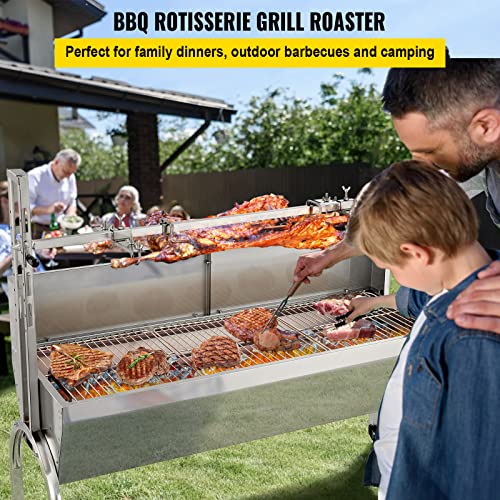 VEVOR Rotisserie Grill 132lbs Capacity, 50 Inch Stainless Steel Pig Lamb Spit Grill Roaster, with 40W Motor & Adjustable Height Lockable Casters & Baffle for Outdoor Camping Party Campfire Barbecue