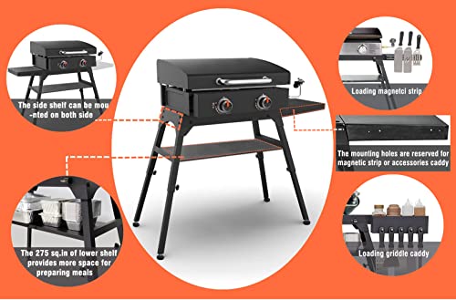 Foldable Blackstone Griddle Stand with Lower Shelf and Side Shelf, Compatible with Blackstone 17 Inch, 22 Inch Tabletop Griddle, Legs with Leveling Feet, Dual Adjustable Height