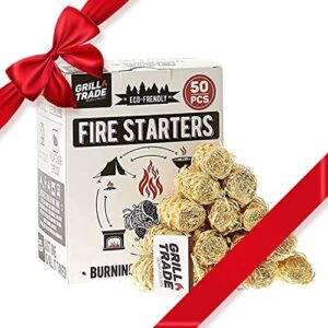 grill trade firestarters 50 pcs | natural fire starters for fireplace, wood stove, campfires, fire pit, bbq, chimney, pizza oven | all weather charcoal starters waterproof indoor/outdoor eco friendly