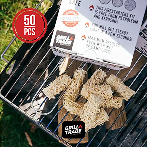 Grill Trade Firestarters 50 pcs | Natural Fire Starters for Fireplace, Wood Stove, Campfires, Fire Pit, BBQ, Chimney, Pizza Oven | All Weather Charcoal Starters Waterproof Indoor/Outdoor Eco Friendly