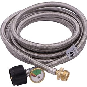 15 Ft Stainless Steel Braided Propane Adapter Max 350 Psi Hose with Pressure Gauge 5-40 Lb Convert Replace for Qcc1/type1 Tank Connects 1 Lb Bulk Portable Appliance to 5-40 Lb Propane Tank Cylinder