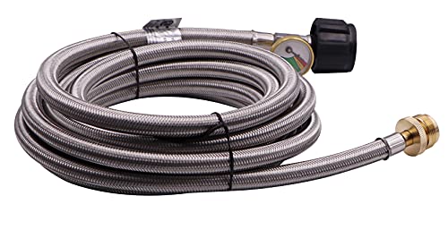 15 Ft Stainless Steel Braided Propane Adapter Max 350 Psi Hose with Pressure Gauge 5-40 Lb Convert Replace for Qcc1/type1 Tank Connects 1 Lb Bulk Portable Appliance to 5-40 Lb Propane Tank Cylinder