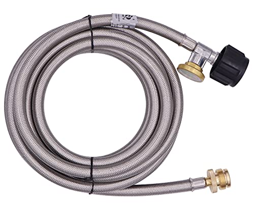 15 Ft Stainless Steel Braided Propane Adapter Max 350 Psi Hose with Pressure Gauge 5-40 Lb Convert Replace for Qcc1/type1 Tank Connects 1 Lb Bulk Portable Appliance to 5-40 Lb Propane Tank Cylinder