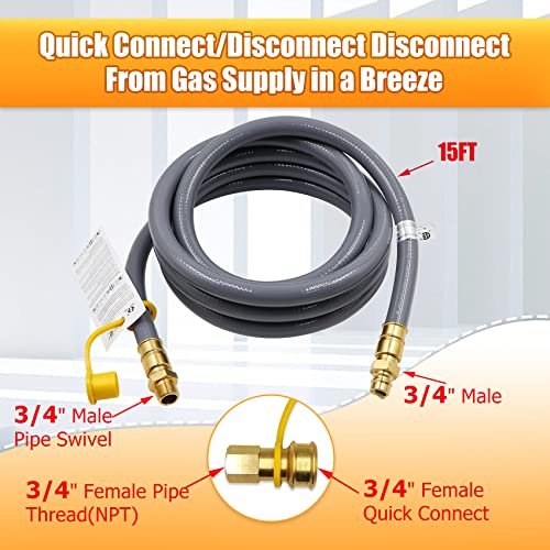 15FT, 24FT, 30FT, 50FT 3/4" ID Natural Gas Hose with Quick Connect Fittings for NG/LP Propane Appliances, Grill, Patio Heaters, Generators, Pizza Oven, etc. Useful Indoors & Outdoors