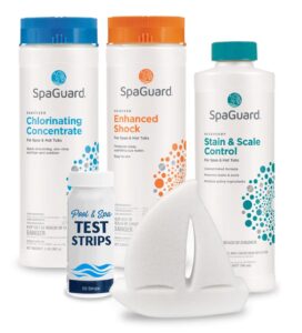 standard hot tub chemical bundle with spaguard chlorine, enhanced shock, stain and scale control, test strips, leisurequip scum absorber