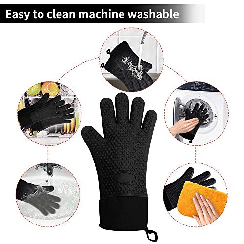 BBQ Gloves, Heat-Resistant Waterproof and Non-Slip Extended Silicone Gloves for Barbecue, Kitchen Cooking, Oven, Smoker, Microwave Baking