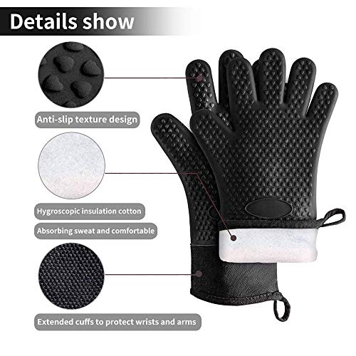 BBQ Gloves, Heat-Resistant Waterproof and Non-Slip Extended Silicone Gloves for Barbecue, Kitchen Cooking, Oven, Smoker, Microwave Baking