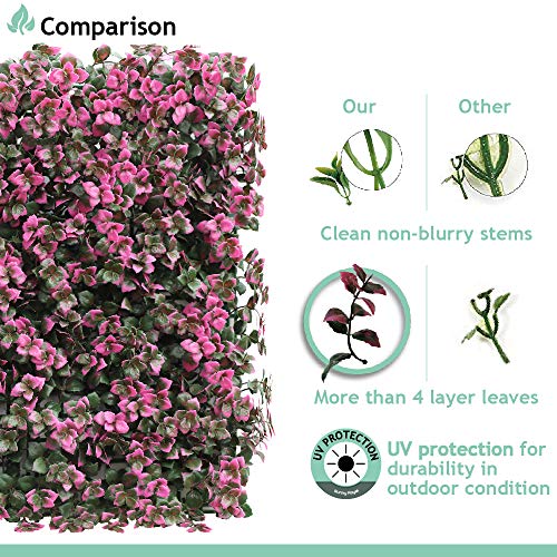 SunnyRoyal Artificial Boxwood Panels Topiary Hedge Plant UV Protected Privacy Ivy Screen Faux Greenery Wall Décor Outdoor Indoor Use Backyard Garden Decoration 20" x 20" Carnea Pink 30 Pieces