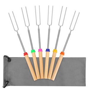 kelfuoya 6pcs marshmallow roasting sticks smore sticks 32inch long wooden handle barbecue forks telescoping hot dog forks smore skewers for campfire