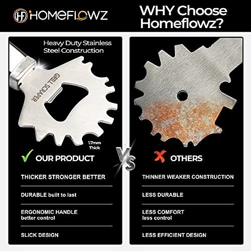 Homeflowz Grill Scraper - Bristle Free Grill Grate Scraper - Fits Any BBQ Grilling Grate or Griddle - Grill Scraper Tool with Bottle Opener - Premium Stainless Steel Grill Scraper