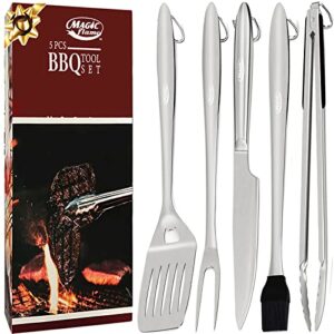 magic flame 18” grill set heavy duty barbecue accessories- grill set 5pc grill tools with spatula, fork, knife, brush & bbq tongs – grill gifts for men, stainless steel grill tools