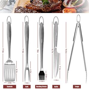 MAGIC FLAME 18'' Grill Set Heavy Duty Barbecue Accessories- Grill Set 5pc Grill Tools with Spatula, Fork, Knife, Brush & BBQ Tongs - Grill Gifts for Men, Stainless Steel Grill Tools