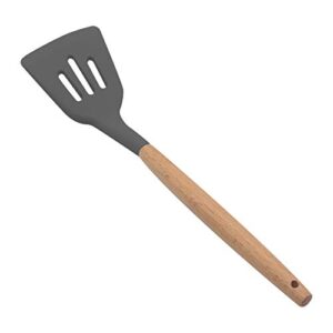 kufung silicone slotted spatula, high heat resistant to 480°f, bpa free, food grade slotted turner, wooden handle nonstick flipper for fish, eggs, omelets, burgers, hashbrowns, pancake (grey)