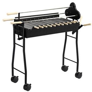 outsunny portable charcoal bbq grills steel rotisserie outdoor cooking height adjustable with 4 wheels large/small skewers portability for patio, backyard, black