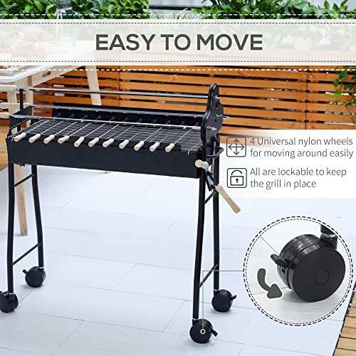 Outsunny Portable Charcoal BBQ Grills Steel Rotisserie Outdoor Cooking Height Adjustable with 4 Wheels Large/Small Skewers Portability for Patio, Backyard, Black