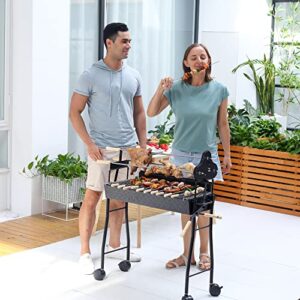 Outsunny Portable Charcoal BBQ Grills Steel Rotisserie Outdoor Cooking Height Adjustable with 4 Wheels Large/Small Skewers Portability for Patio, Backyard, Black