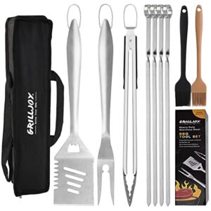 grilljoy 10pc extra thick stainless steel grill tools set, heavy duty barbecue spatula, fork, tongs, skewers with portable bag, deluxe grill utensils set for men women birthday gift