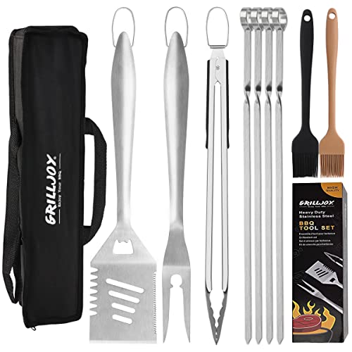 Grilljoy 10PC Extra Thick Stainless Steel Grill Tools Set, Heavy Duty Barbecue Spatula, Fork, Tongs, Skewers with Portable Bag, Deluxe Grill Utensils Set for Men Women Birthday Gift