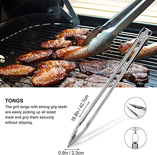 Grilljoy 10PC Extra Thick Stainless Steel Grill Tools Set, Heavy Duty Barbecue Spatula, Fork, Tongs, Skewers with Portable Bag, Deluxe Grill Utensils Set for Men Women Birthday Gift
