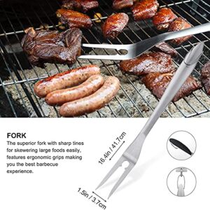 Grilljoy 10PC Extra Thick Stainless Steel Grill Tools Set, Heavy Duty Barbecue Spatula, Fork, Tongs, Skewers with Portable Bag, Deluxe Grill Utensils Set for Men Women Birthday Gift