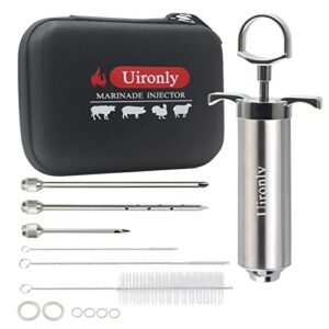 uironly meat injector,turkey seasoning injection kit with 3 professional marinade injector needles for grill smoker bbq brisket; include user manual, e-book – storage case