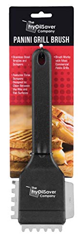 FryOilSaver Co. 90052 Panini Grill Brush - Commercial Electric Grill Stiff Bristle Brush - Stainless Steel Bristles with Hard Plastic Handle - 3 Different Scraper Heads - Heavy Duty Small Grill Brush