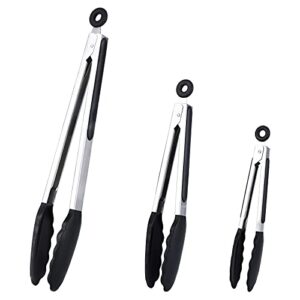 7″+9″+12″ silicone kitchen tongs set, cooking tongs with silicone tips and stainless steel handle, heat resistant tongs for grilling cooking barbecue buffet salad serving, 7/9/12 inches (black)