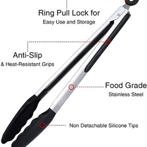 7"+9"+12" Silicone Kitchen Tongs Set, Cooking Tongs with Silicone Tips and Stainless Steel Handle, Heat Resistant Tongs for Grilling Cooking Barbecue Buffet Salad Serving, 7/9/12 Inches (Black)