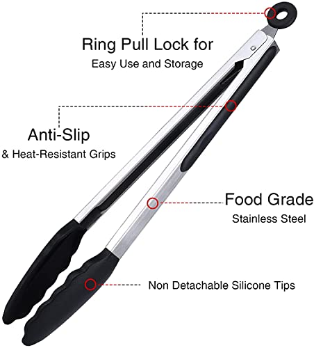 7"+9"+12" Silicone Kitchen Tongs Set, Cooking Tongs with Silicone Tips and Stainless Steel Handle, Heat Resistant Tongs for Grilling Cooking Barbecue Buffet Salad Serving, 7/9/12 Inches (Black)