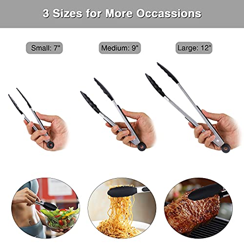 7"+9"+12" Silicone Kitchen Tongs Set, Cooking Tongs with Silicone Tips and Stainless Steel Handle, Heat Resistant Tongs for Grilling Cooking Barbecue Buffet Salad Serving, 7/9/12 Inches (Black)