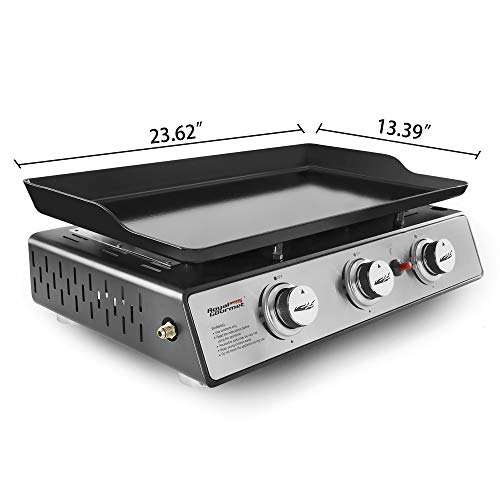 Royal Gourmet PD1301SC Portable Table Top 24-Inch Gas Grill, 3-Burner Propane Griddle, Regulator, Cover and Carry Bag Included, 25,500 BTU, for Outdoor Cooking while Camping or Tailgating, Black