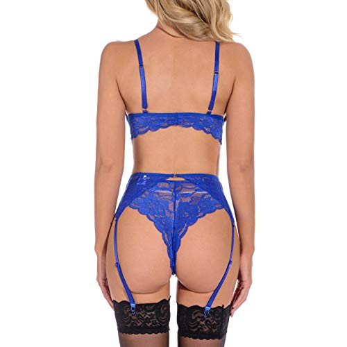 wodceeke Sexy Sling Lace Split Plus Size Lingerie For Women perspective Hollow Embroidered Pajamas Shapewear With Garter (Blue, M)