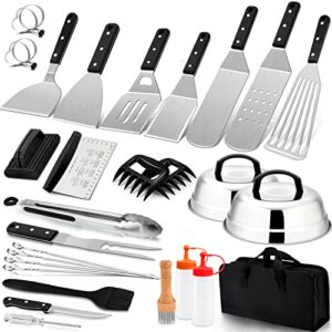 30pcs griddle accessories kit, joyfair flattop grill spatulas set with melting dome for outdoor camping bbq, include stainless steel turner/scraper/meat tenderizer/carry bag, dishwasher safe